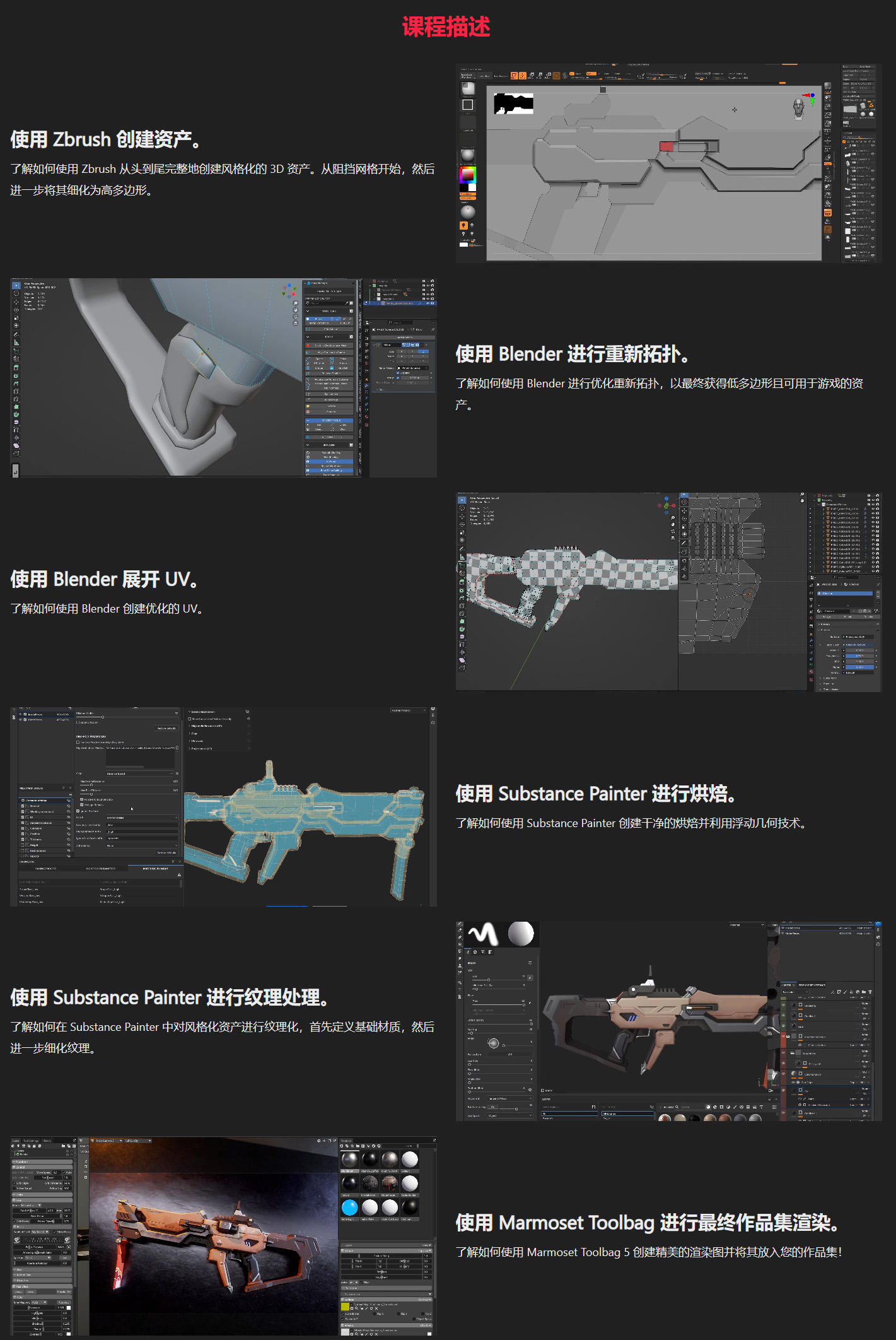 中英文字幕-ZBrush/Blender/SP/八猴低多边形游戏武器雕刻建模拓扑贴图UV渲染教程 Creating Low-Poly Stylized 3D Weapons – in-depth Tutorial Course
