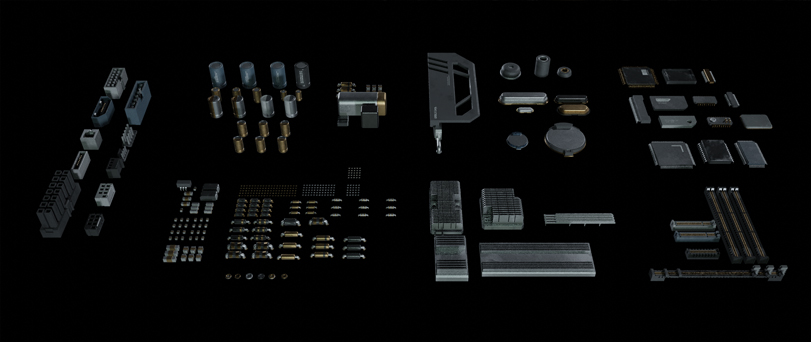 Blender电脑主板电路芯片电容电阻元素3D模型资产 Binary Frame Computer Mainboards Mobo1.jpg