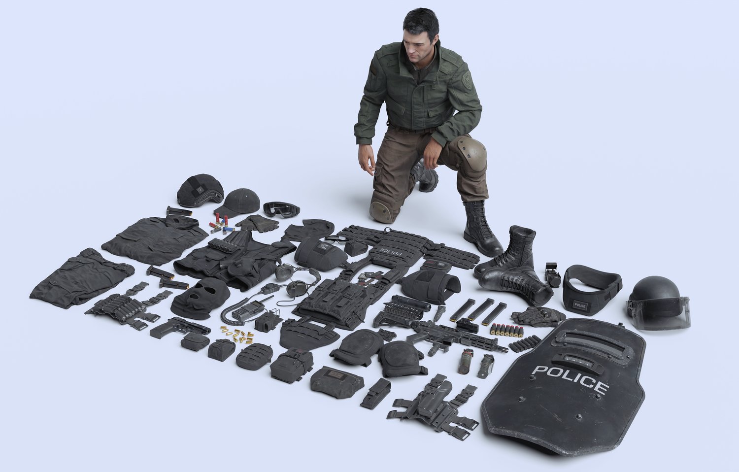 3D模型|突击特警部队人物角色防弹衣冲枪械装备模型包 BigMediumSmall – SWAT (Blender/FBX格式) Loadout3.jpg