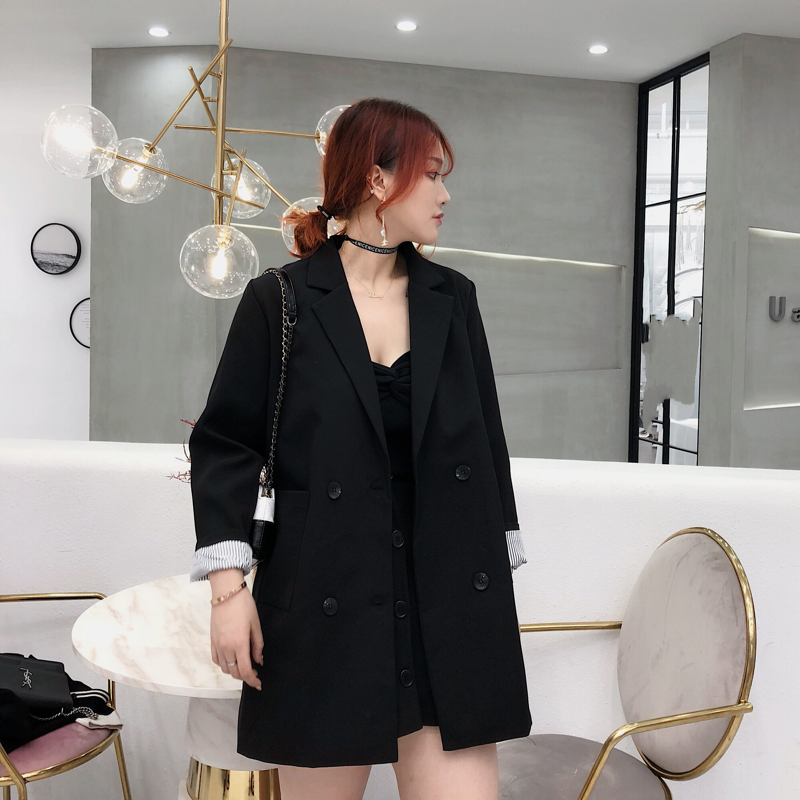 Hitchhil Big Code Woman Dress Fat Mm Fall Loose Slim Mid-Length black suit jacket Korean version casual Western suit-Taobao