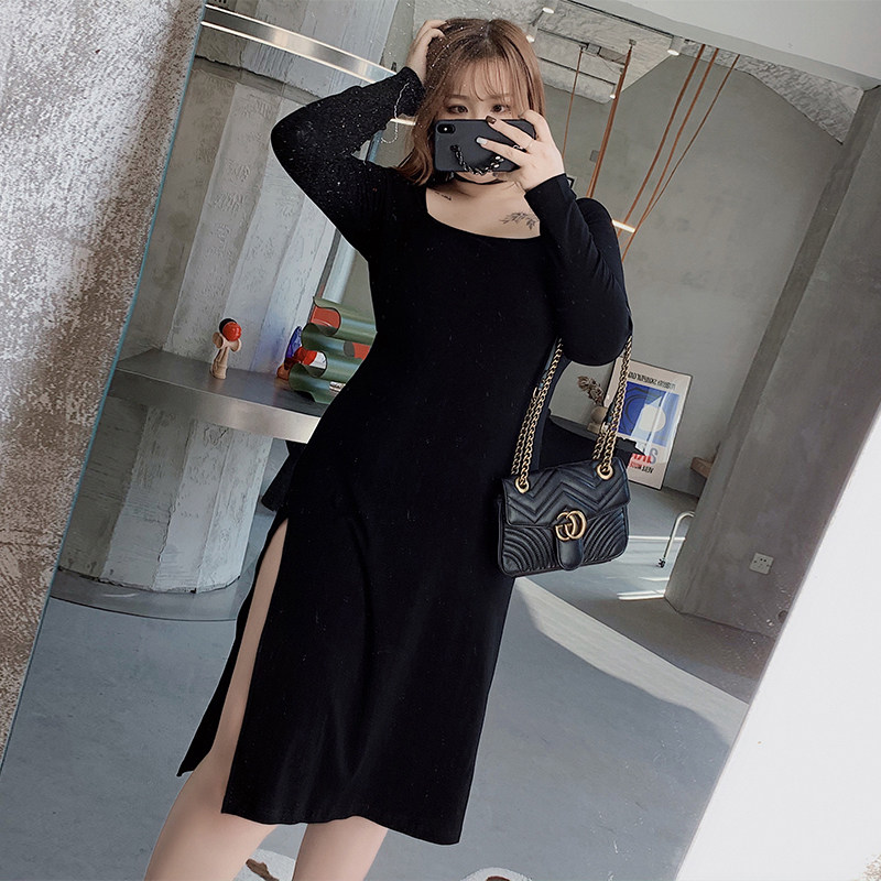 Hitong's large size female dress Fat mm temperament brief High open fork Sexy ocean dress cover 100 hitch knit long skirt