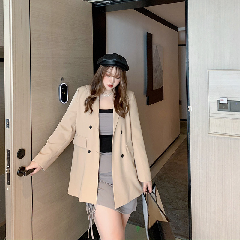 Shi Tong'er Great Size Women's Dress Fat Mm Korean Version Loose With Slim Mid-Length Version Suit Jacket Minimalist Temperament 100 Hitch Suit