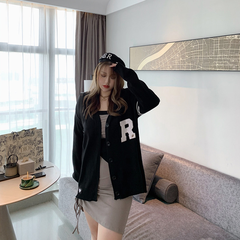 Xitonger large size women's clothing fat mm loose and thin college wind letters parallel bars knitted cardigan casual sweater jacket