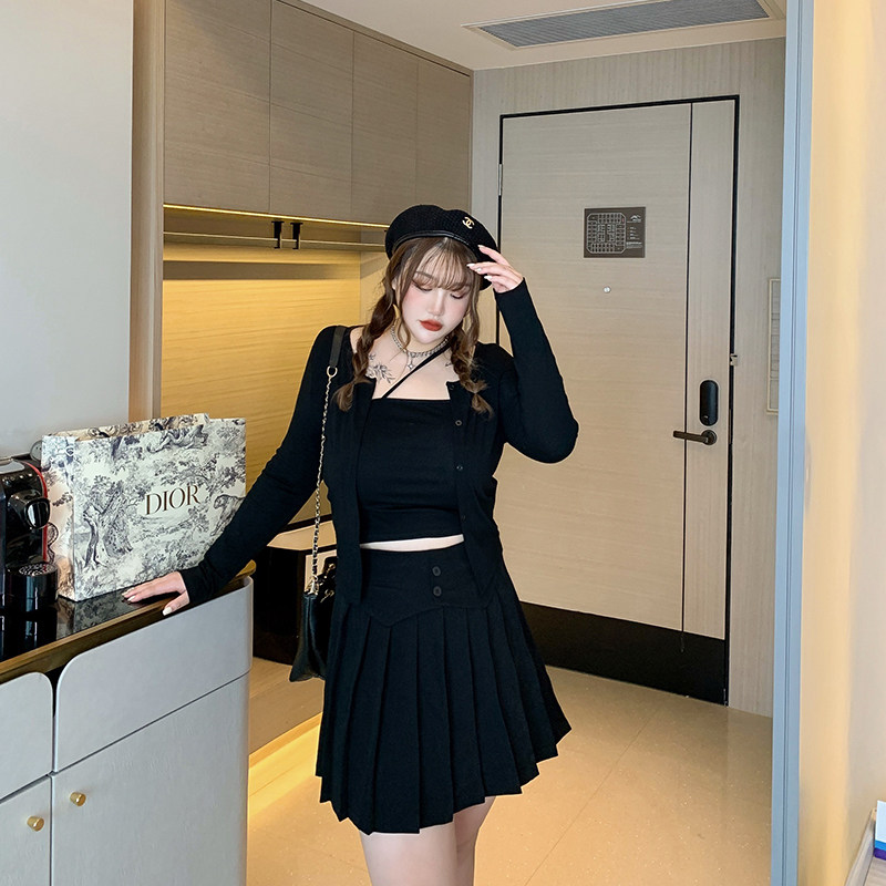 Hitong Grand Scale Women's Dress Fat Mm Temperament Skewed Shoulder Strap Knit Vest Cardiovert Suit Minus two sets of autumn