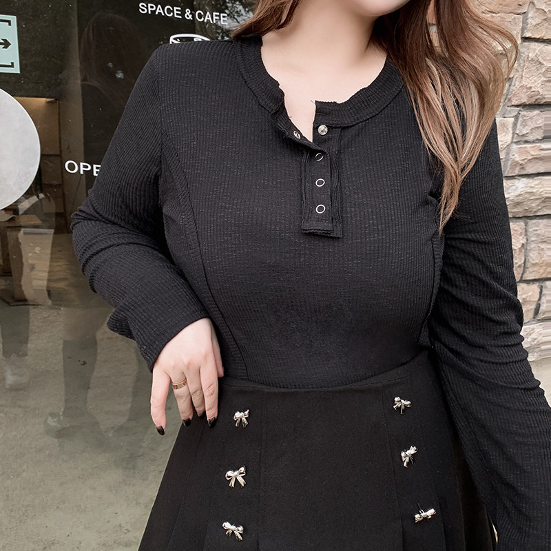 Shi Tong'er Great Size Women's Clothing Fat Mm Spring And Autumn Temperament Brief Design Sensation Slim Round Neckline Hooded Sweatshirt Undershirt