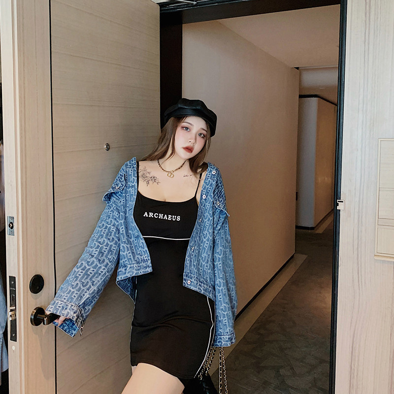 Hitchers Big Size Women's Dress Fat Mm Loose BF Wind Letters Printed Denim Jacket Foreign Pie 100 lap short jacket