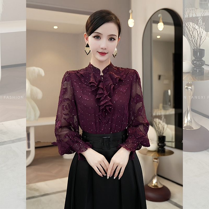 French-Style Slimming Ruffled Long-Sleeve Shirt for Women, Spring and Autumn, Niche Retro Purple Mesh Sleeve Fashion Top
