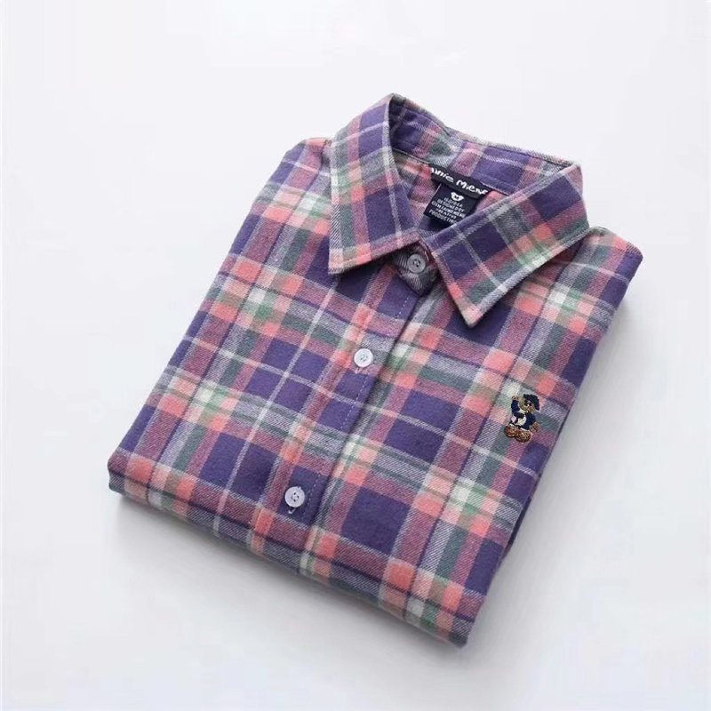 Bear Pattern Brushed Plaid Shirt for Women, New Spring and Autumn Pure Cotton Flannel Shirt, Versatile Base Layer Top for Students