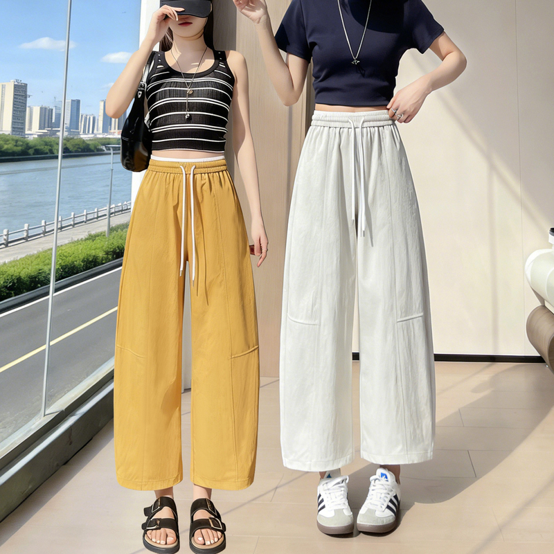 Ice Silk Curved Hem Pants for Women, Summer Thin Style, Cropped Casual Pants, Straight Wide-Leg, High-Waisted, Drapey, Petite, Cool Pants, Sun Protection