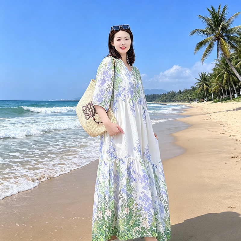 Cotton Floral Dress for Women, Summer Thin Style 2026 New Model, Large Hem Dress, Waist-Cinching A-Line Long Dress, Loose and Slimming Cotton Floral Dress for Women, Summer Thin Style 2026 New Model, Large Hem Dress, Waist-Cinching A-Line Long Dress, Loose and Slimming