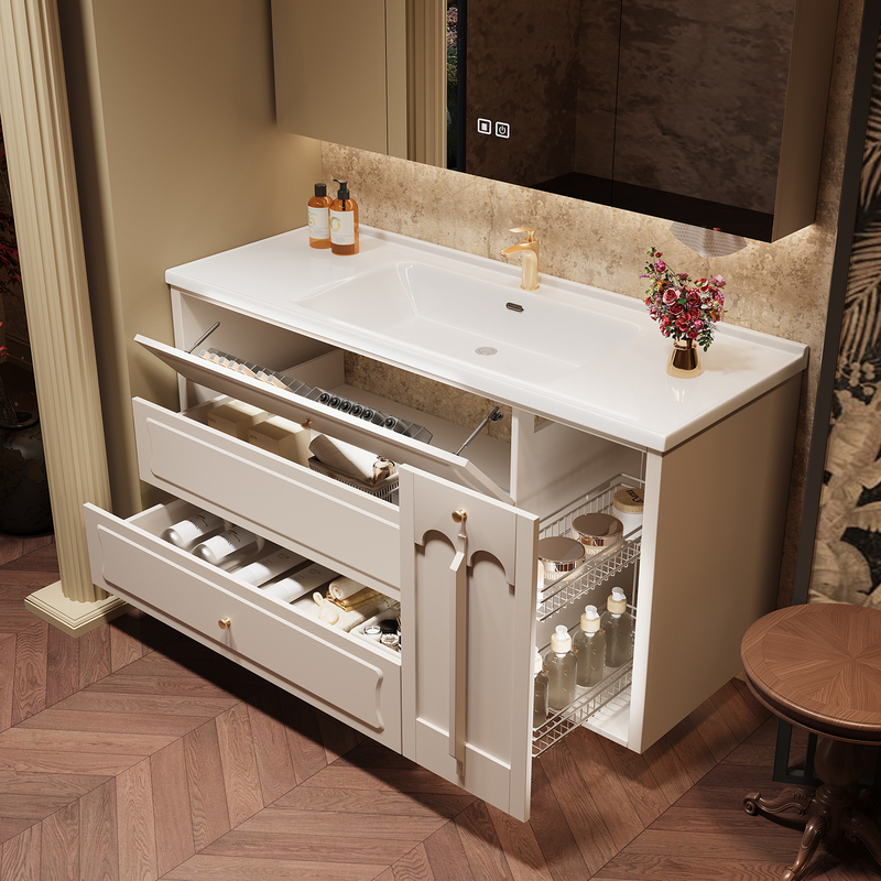 French-Style Large Storage Bathroom Cabinet Set with Drawer Pull-Out Basket, Integrated Ceramic Washbasin Cabinet for Bathroom Sink
