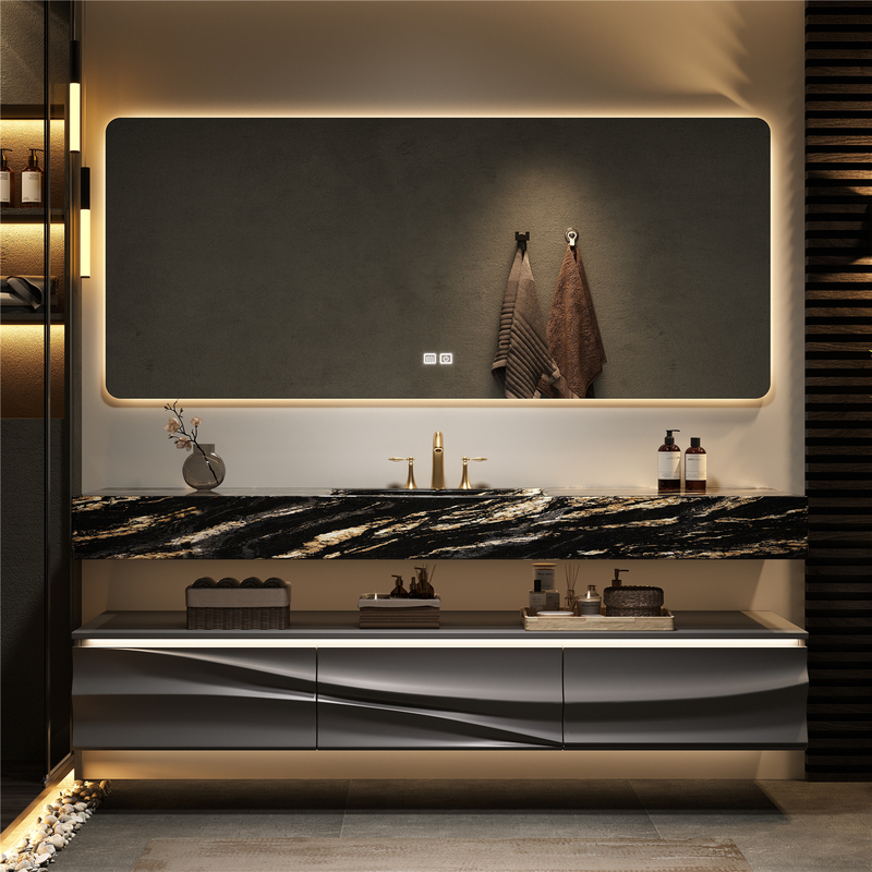 High-End Hotel-Style Oak Bathroom Cabinet Set with Natural Luxury Stone Integrated Washbasin and Sink Cabinet