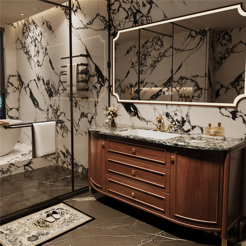 High-End Natural Imported Luxury Stone Bathroom Cabinet Set, French Vintage Style Washbasin Vanity Cabinet