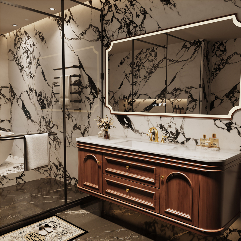 High-End French-Style Vintage Arc-Shaped Bathroom Cabinet Set with Imported Luxury Stone Washbasin and Vanity