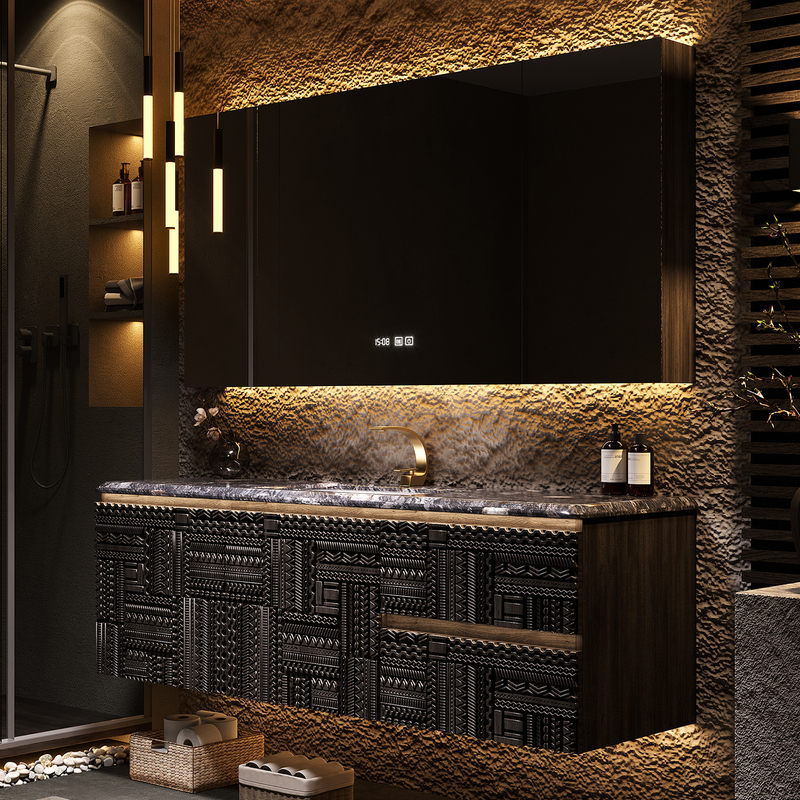 Nordic Style Belgian Bathroom Cabinet Set with Oak Hand-Carved Designs, Bathroom Vanity Sink, Washbasin, and Bathroom Cabinet