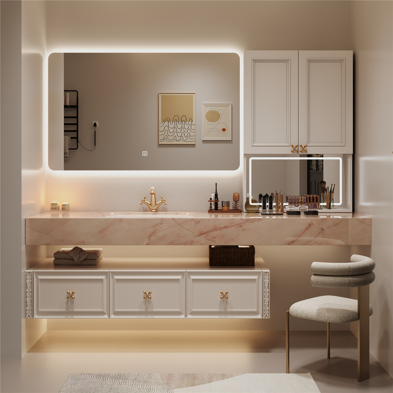 French-Style Light Luxury Cream-Colored Vanity and Bathroom Cabinet Set with Integrated Natural Luxury Stone Washbasin French-Style Light Luxury Cream-Colored Vanity and Bathroom Cabinet Set with Integrated Natural Luxury Stone Washbasin