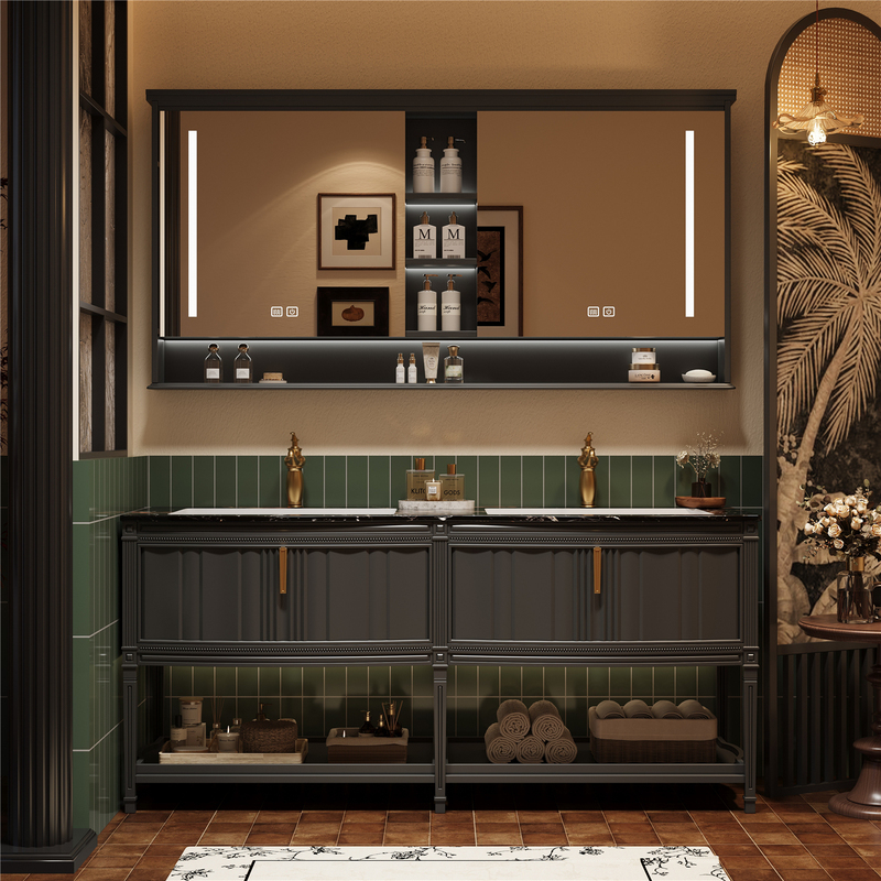High-End Natural Imported Luxury Stone Double Basin Bathroom Cabinet Set, French Vintage Style Washbasin Cabinet