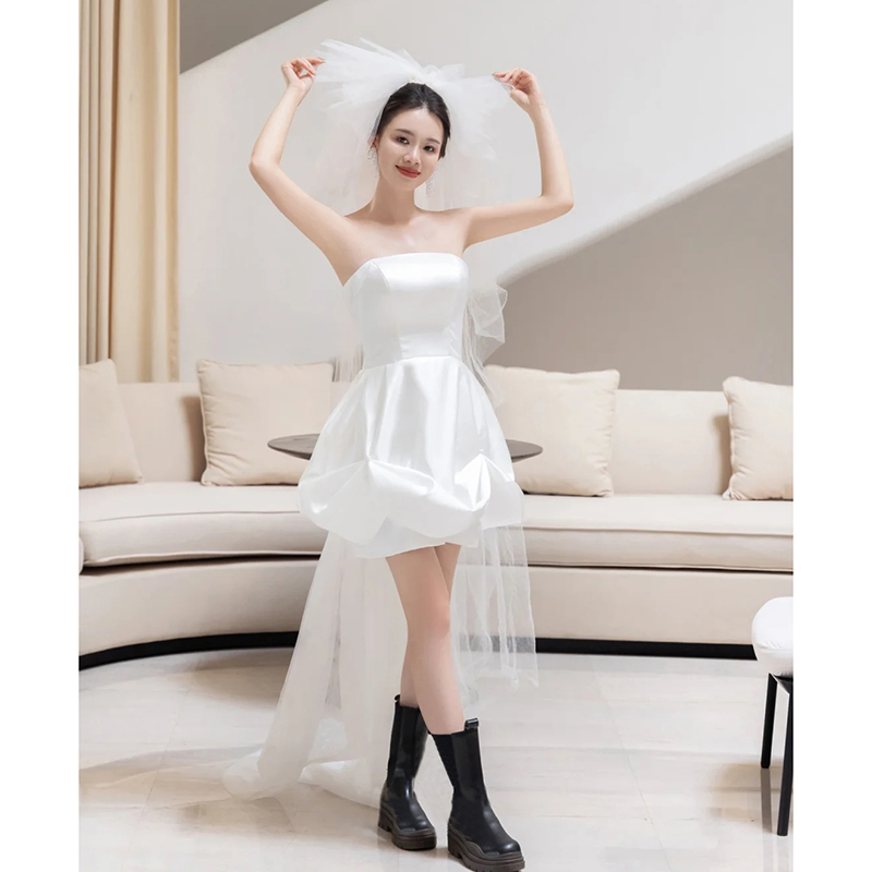 Advanced short white wedding dress, french style, high-quality style, lace dress