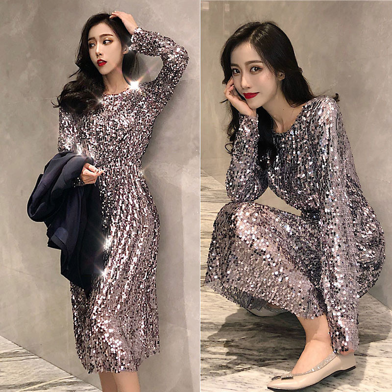 Elegant Socialite Party Dress, Long-Sleeved Base Dress, Bling Sequins, Slim Fit, High-Waisted Dress