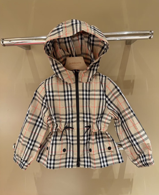 In Stock 26 Spring Burberry Children's Clothing New Classic Plaid Hooded Windbreaker Casual Jacket Fashionable Waist-Cinching Coat