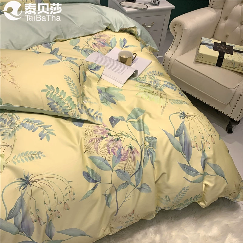 Cotton 60 dài chủ yếu bông nhẹ sang trọng Mỹ bốn mảnh cotton satin in kỹ thuật số AB phiên bản chăn - Bộ đồ giường bốn mảnh