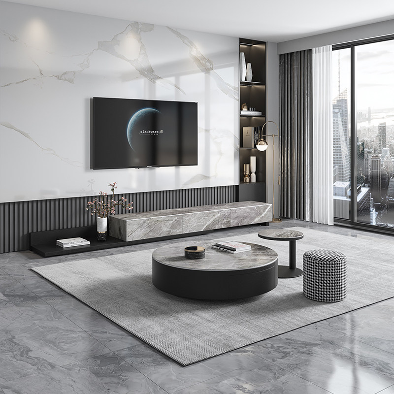 Willstyle imported bright light rock plate round tea table low height combined light lavish rear modern small family type telescopic TV cabinet