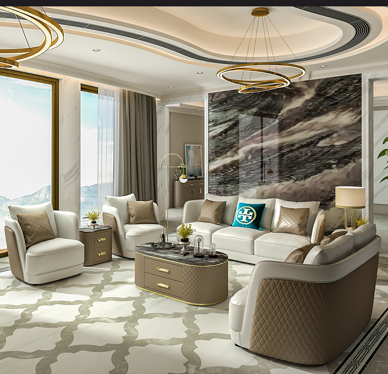 Sofa sang trọng nhẹ Ý phong cách hậu hiện đại da thuộc loại căn hộ lớn Hồng Kông phong cách trang trí phòng khách phòng khách đặt biệt thự - Bộ đồ nội thất bộ bàn ghế thông minh