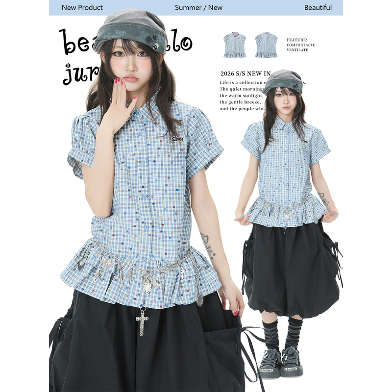Double L2 Retro Blue Plaid Short-Sleeved Shirt for Women, Summer College Style Waist-Cinching Collared Shirt, Stunning Top