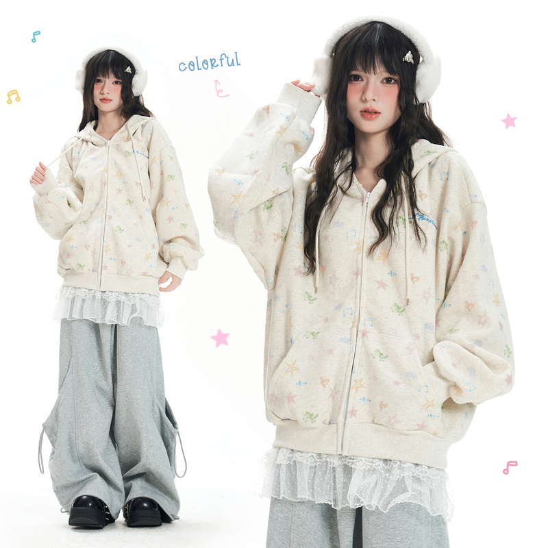 Double L2 American-Style Lazy Style Star-Printed Hooded Cardigan Sweatshirt for Women, Simple and Casual Jacket