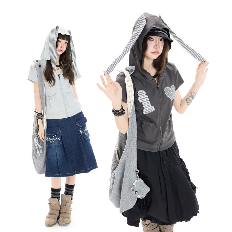 Double L2 Korean Style Girl Heart Patch Bunny Ear Hooded Short-Sleeved T-Shirt Women's Slim Fit Cardigan Top