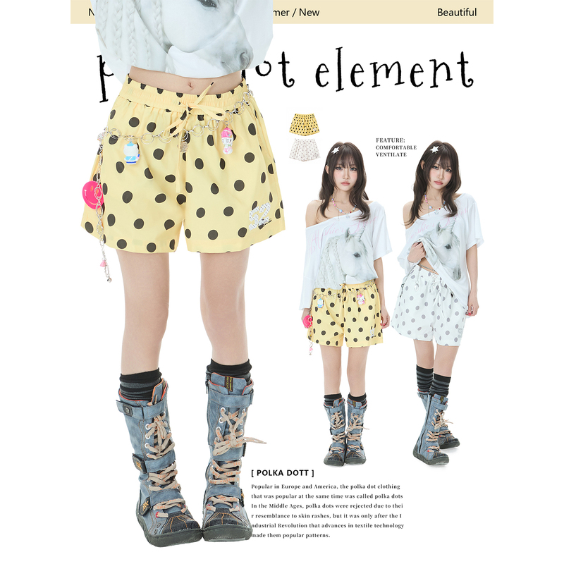 Double L2 American Retro Polka-Dot Heart Print Shorts for Women, New Summer Style Loose Sports Casual Pants