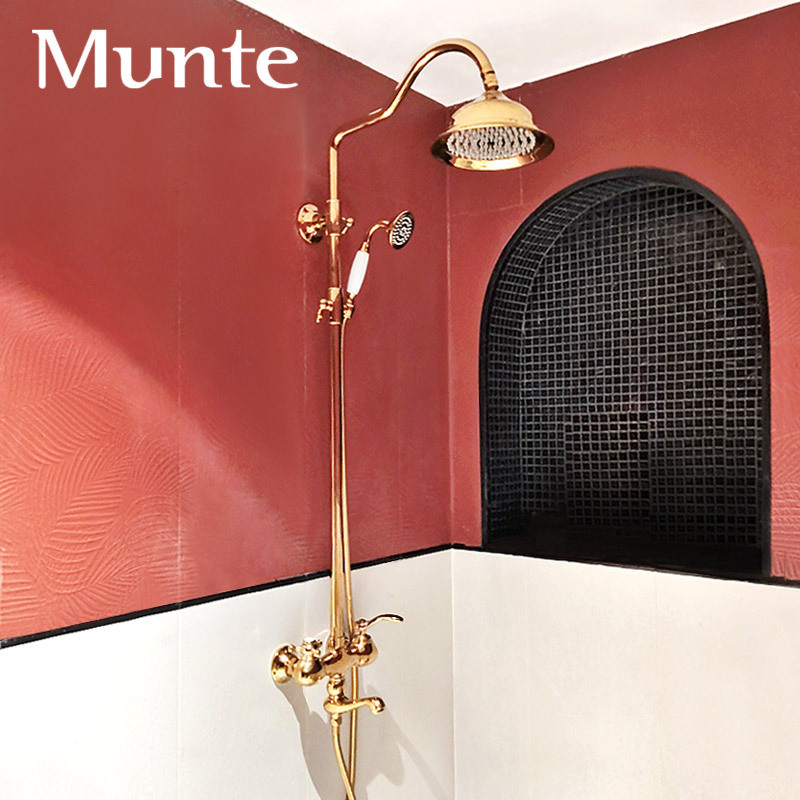 German Mustang Home Bathroom Titanium Gold Brass Shower Set European Antique Hot and Cold Faucet