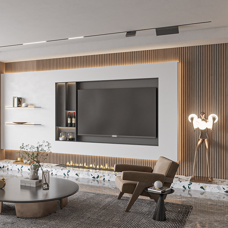 Three dazzling mesh red minimalist stainless steel TV wall niche light extravagant embedded metal wall cabinet TV customized background wall