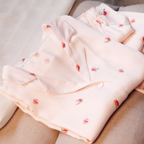  Womens pink crushed flower fields Garden Pale Yagong Satin Soft quality Long Sleeves Long Pants Sleeping Suit Spring Summer