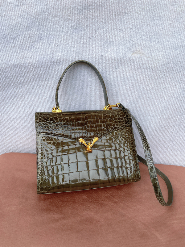 Japanese Second-Hand Bird-Buckle Brown-Green Crocodile Leather Handbag and Crossbody Bag
