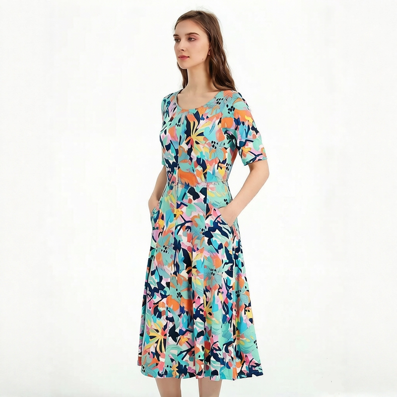 Short-Sleeved Printed Dress for Plus-Size Women, Spring and Summer, A-Line Dress with Pockets, European and American Style, Large Size Women's Clothing, Cool and Comfortable Rayon 810 Short-Sleeved Printed Dress for Plus-Size Women, Spring and Summer, A-Line Dress with Pockets, European and American Style, Large Size Women's Clothing, Cool and Comfortable Rayon 810