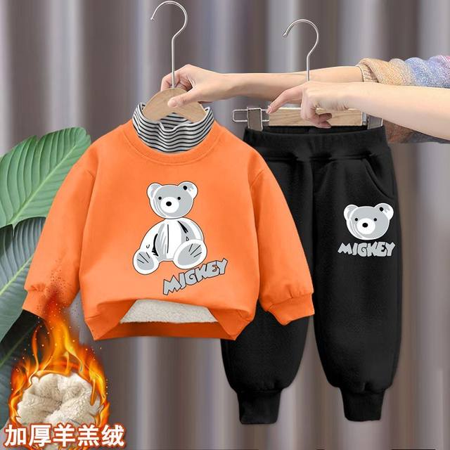 Children's fleece suit girl baby thickened sweater 2022 new boy turtleneck top girl bear two-piece set