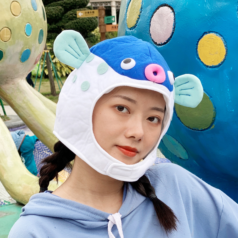 Fat head fish head headgear vibrato blue puffer funny hat girl sand sculpture photo props net red cartoon headgear jk