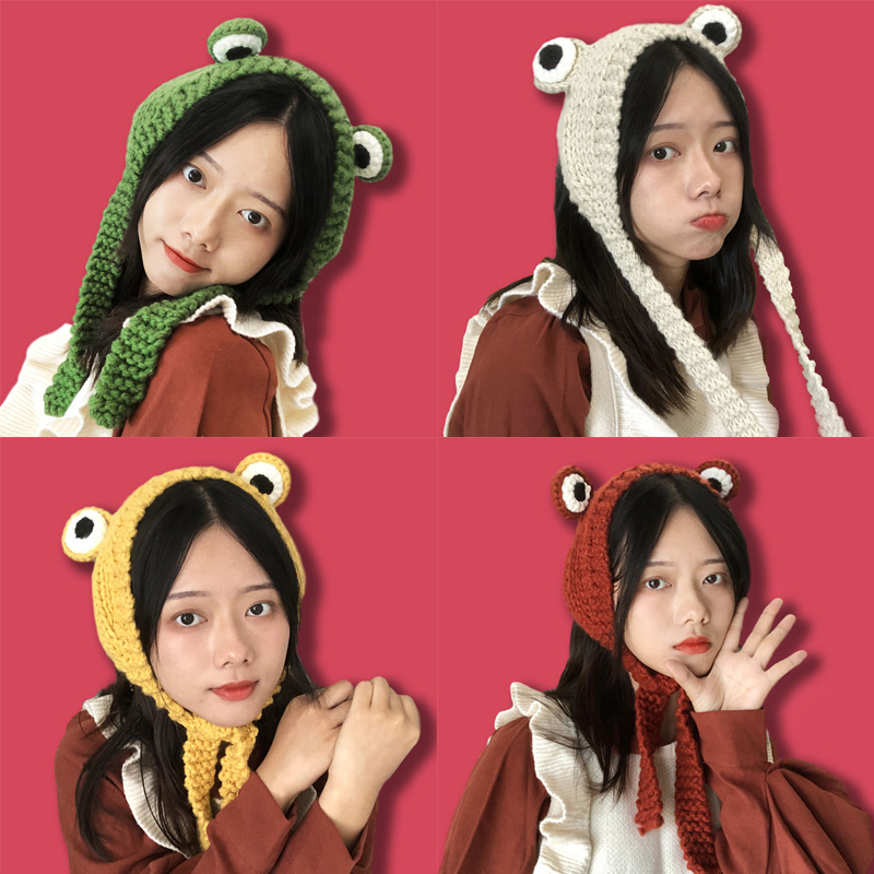 Frog headsleeve sweet cute funny picture props autumn winter wool knitted green hat children in tide hundred