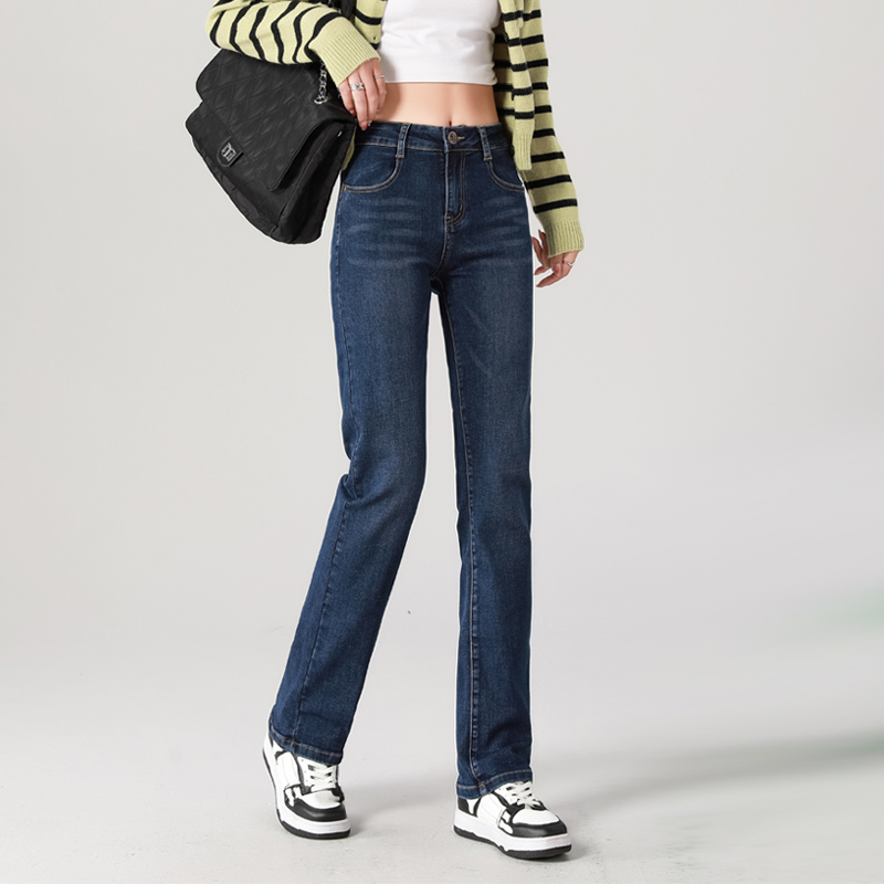 Spring 2025 New Women's Dark-Colored Straight-Leg Mid-Waist Stretchy Slimming Versatile Casual Washed Jeans