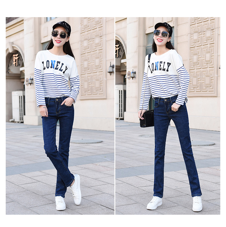 Mùa xuân và mùa thu mới quần lọt khe của phụ nữ quần lửng màu xanh thẳng phiên bản Hàn Quốc là quần lọt khe mỏng chất béo nữ hoang dã quần jean ống rộng nam
