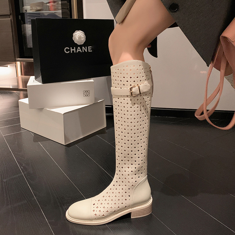 Genuine leather hollowed-out long cylinder boots female 2022 Hons slim slim Leather Strap Buckle High Cylinder Boots Breathable Cool Boots Low Heel hole Long boot