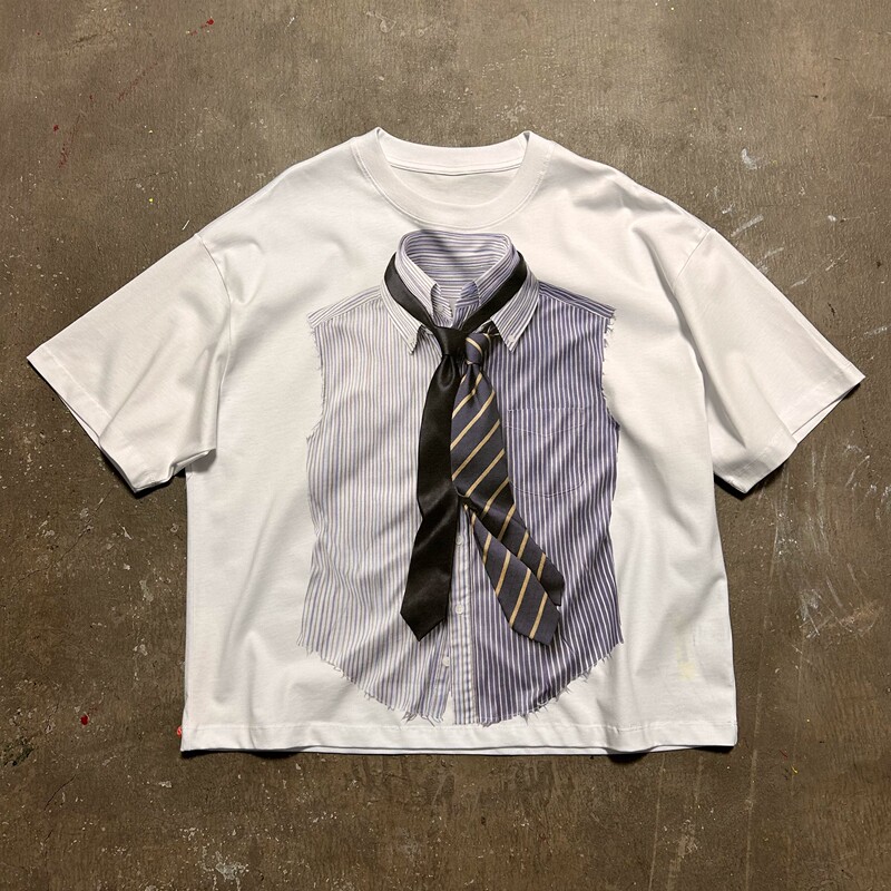 26$$ Structured Shirtprint Tie Shirt Printed Pure Cotton Short-Sleeved T-Shirt
