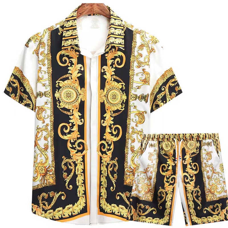 European Style Short-Sleeve Shirt Set for Men, Ice Silk Breathable Printed Half-Sleeve Shirt Two-Piece Set, Loose Dance Clothing for Men