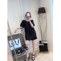 Even dress design sensation Little crowdsourced 2022 Summer new Women in Korean version Fashion sequin round collar with long t-shirt dress