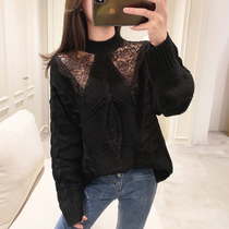 Sweater women 2021 new autumn womens Korean fashion hollow lace stitching loose lazy wind knitwear women