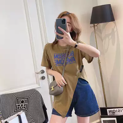 T-shirt women's new 2021 women's Korean fashion summer design sense irregular split short sleeve T-shirt top