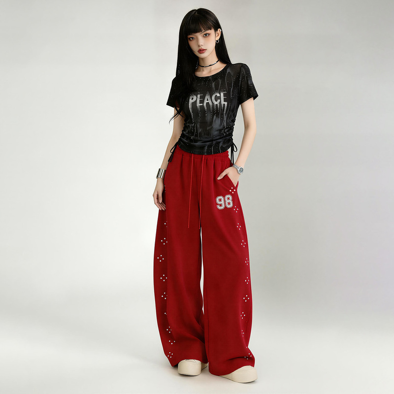 American Retro Red Pants for Women, Summer Thin Style, 2026 New High-Waisted Rhinestone Wide-Leg Pants, Loose Fit, Curved Pants