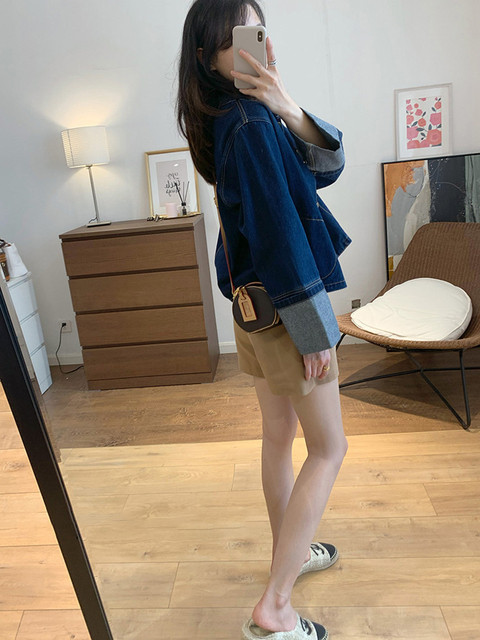 Spring and autumn new niche roll-sleeve Japanese style large size fat MM loose shoulder slim denim jacket jacket