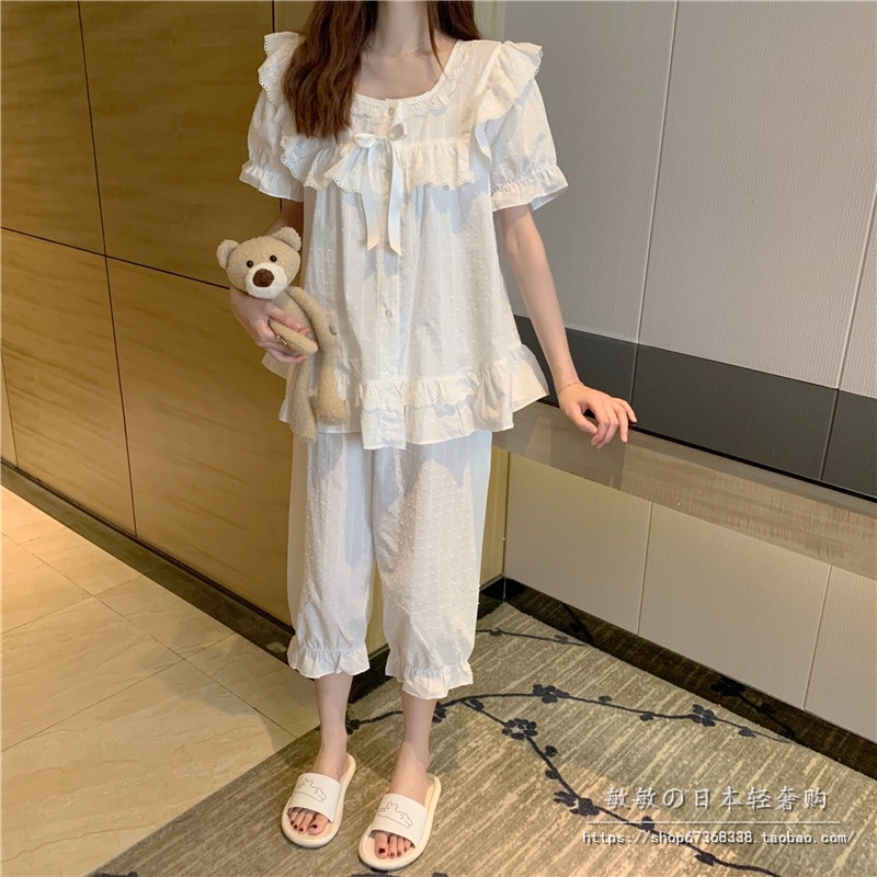 Japanese Gp Princess Style Pajamas for Women, Summer Thin Pure Cotton Short-Sleeved Three-Quarter Pants, Sweet Lace Loungewear Set